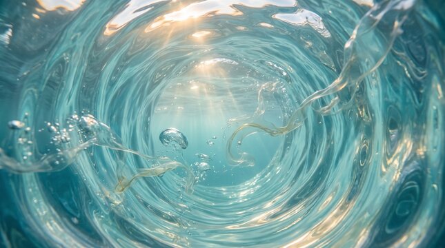 An underwater perspective of a swirling water tunnel illuminated by rays of sunlight and filled with air bubbles. Ideal for travel advertisements, spa marketing materials, and wellness branding 
