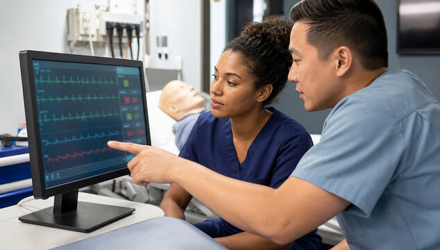 Student Reviewing Generic ECG Rhythm Strip