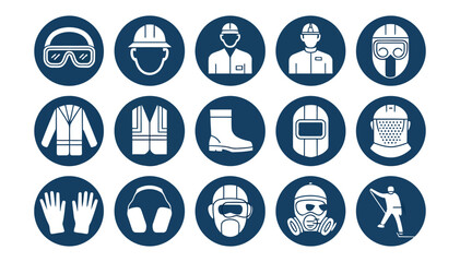 Fototapeta premium Classic worksite mandatory safety equipment sign set featuring required protective gear, warning alerts, attention symbols, danger signs, blue circle icons and vector illustrations.
