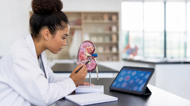 Student Studying Kidney Anatomy Model