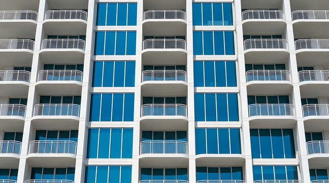 Exterior view of a contemporary multi-story condominium building showing repeating balcony structures and bright windows