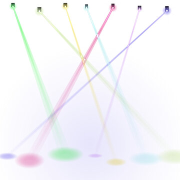 Set of colorful light beams projecting circles on white ground creating stage lighting atmosphere with spotlights, lighting