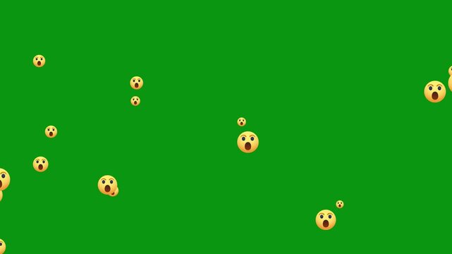 social media wow reactions against green screen background, Animated social media reaction emoji and hearts, care, like, haha, floating upwards on a black background