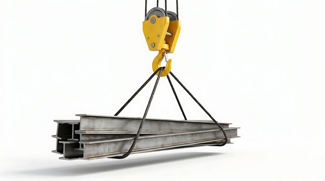 Construction site machinery lifting structural metal girders with steel chains