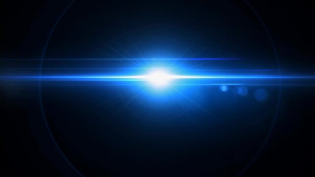 Bright blue laser beam cutting through dark space with radiant light flare and glowing energy effect