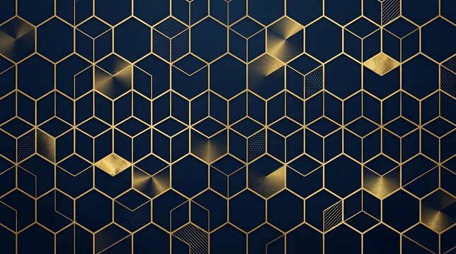 Abstract dark blue background with luxurious gold geometric hexagon and cube pattern for elegant premium design and decorative luxury modern wallpaper