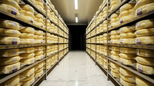 Rows of vacuum-sealed cheese wheels aging on metal shelves. Industrial dairy warehouse showcasing organized inventory and maturation. Food supply chain concept for manufacturing marketing.