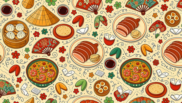 Cartoon doodle of Chinese food dishes and cultural icons. Includes dim sum, roast duck, shrimp rice, and fortune cookies. Asian cuisine background, ideal for menus and food marketing.