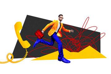 Naklejka premium Composite photo collage of serious businessman hold briefcase run meet call operator telecommunication isolated on painted background
