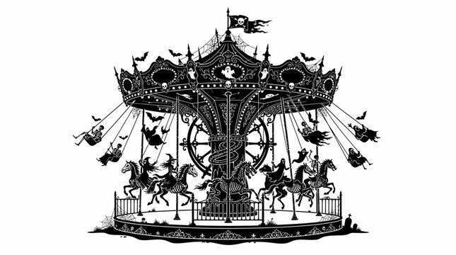Halloween Vintage Carousel Illustration Set, Antique Amusement Park Ride Silhouette, Retro Circus Ferris Wheel, Classic Giclee Print and Tattoo Design Elements vector