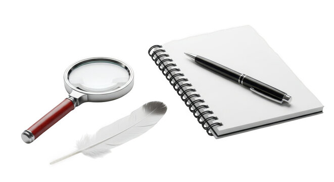 Magnifying glass examining a notebook and pen on a flat surface isolated on transparent background