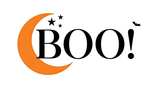 This vibrant halloween image showcases a playful 'boo ' greeting complete with a crescent moon twinkling stars and a small bat evoking spooky