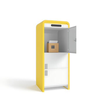 Electronic parcel locker station with opened compartment 3D claymation style isolated on white background