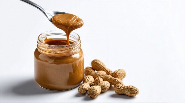 Peanut butter jar isolated on white background, creamy nut spread texture, clean food presentation, minimal composition, natural ingredient concept, simple studio food scene with copy space