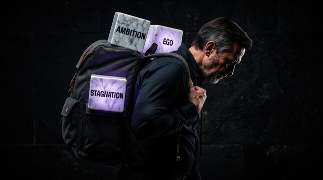 Man carrying heavy backpack with blocks labeled ambition, ego, and stagnation. Mature businessman struggling with psychological traits and career weight. Mental burden concept for self-improvement.
