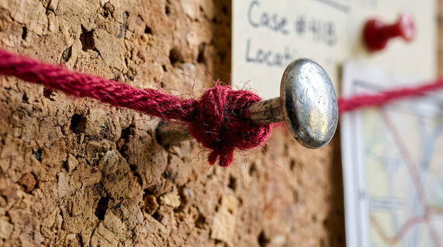 Red string tied around a metallic pushpin on a textured corkboard connecting various clues on a case file and blurred map detailed close up of an investigation board conspiracy theory concept