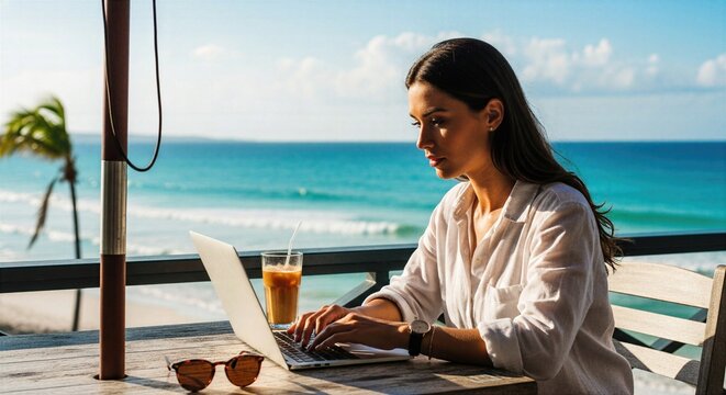 Remote working woman using laptop at seaside table, busy digital nomad career moment, flexible work lifestyle, modern professional routine with ocean view and natural ligh
