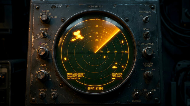 Vintage grunge radar console with glowing orange green display showing active scanning targets and a signal sweep retro analog technology control panel for navigation communication and surveillance
