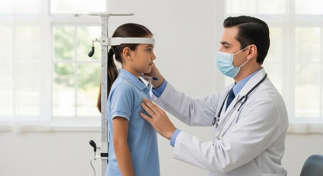 Doctor measuring a young girl's height with a stadiometer in a medical examination room
