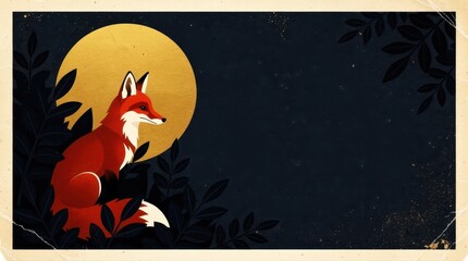 Naklejka premium Red fox sitting among dark leaves under a large golden moon. Minimalist flat design illustration with vintage texture and copy space. Nature and wildlife aesthetic for book covers and posters.