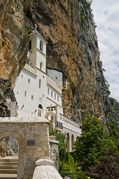 Ostrog Monastery built into a vertical cliff face in Montenegro,