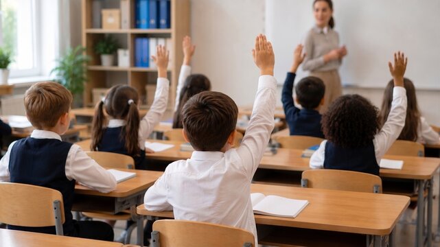 &Eacute;l&egrave;ves de l'&eacute;cole primaire levant la main en classe pour r&eacute;pondre &agrave; la question de l'enseignante.