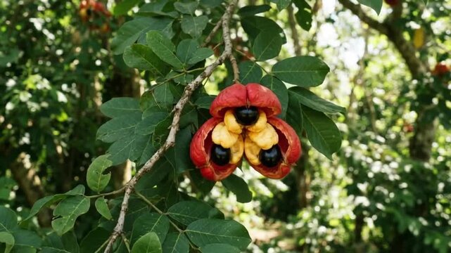 Ackee Fruit Growing on Tree Branch with Open Red Pod and Yellow Arils in Jamaican Tropical Forest Nature Environment