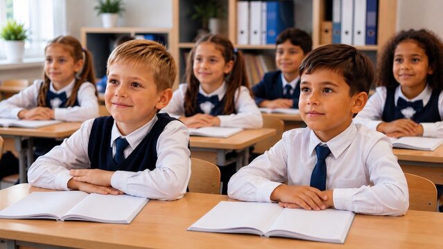Jeunes &eacute;l&egrave;ves de l'&eacute;cole en uniforme &eacute;coutant attentivement pendant une le&ccedil;on en classe.
