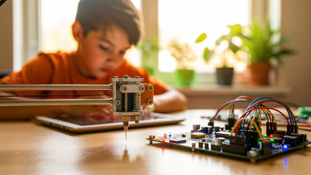 Boy studying robotics and electronic circuits in a bright indoor setting. Close-up of a robotic arm and breadboard with colorful wires. STEM education and innovation concept for tech marketing.