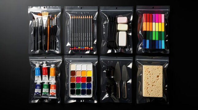 Art supplies organized in clear plastic bags. Items include brushes, pencils, and paint tubes. Creative kit concept for retail or education marketing.