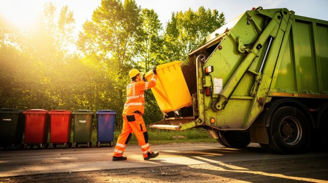 Sanitation worker emptying a yellow bin into a green garbage truck. Worker wearing orange safety gear and hard hat during a morning collection. Waste management and recycling service concept.