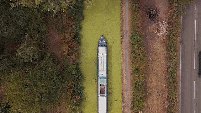 Aerial view of duckweed covering Stratford-upon-Avon Canal