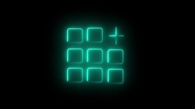 Glowing neon cyan icon featuring a grid of square app or widget buttons against a black background, with a plus symbol  in the top-right slot. Animated app grid overlay, mobile app menu interface.