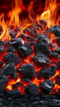 Charcoal briquettes glowing red hot with bright orange flames, providing heat and energy