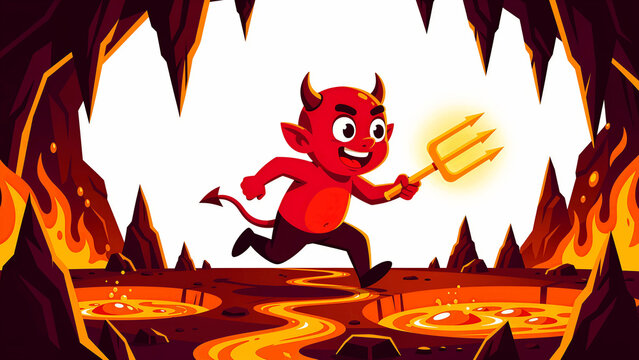 Cute cartoon devil running through fiery cave with pitchfork. Red demon mascot character navigating lava pits in underworld. Fantasy adventure concept for game design and Halloween marketing.