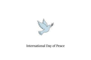 Fototapeta premium Light blue dove holding an olive branch with the text international day of peace centered on a clean and simple white background surface
