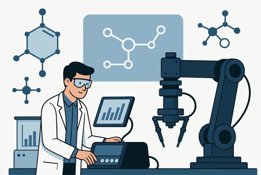 Male scientist operating a robotic arm and advanced software program inside a futuristic chemical research laboratory.