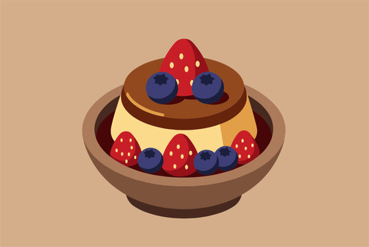 Delicious homemade caramel custard pudding decorated with fresh strawberries and blueberries inside a ceramic bowl.