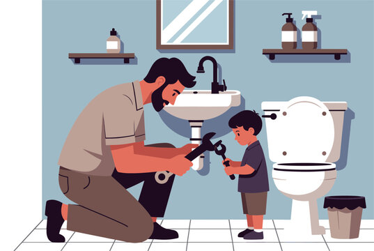Caring father teaching his young son how to use a metallic wrench to repair a bathroom sink near the toilet bowl.