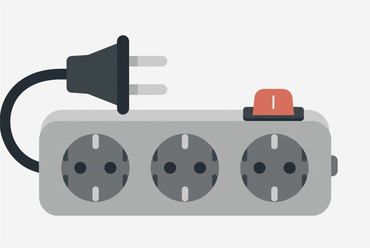 Gray electrical power strip with three sockets, an orange power button, and a black cord plug over light background.