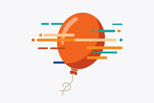 Bright orange helium balloon flying fast through the air with abstract colorful horizontal speed and motion lines.