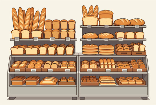 Large collection of fresh bread loaves, baguettes, and sweet buns beautifully displayed on wooden bakery shelves.