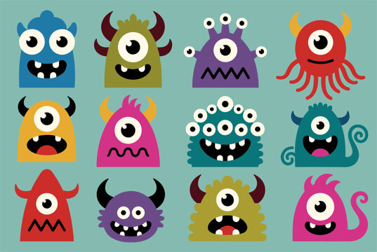 Fun collection of twelve cute colorful cartoon monsters with horns, many eyes, and funny teeth on a teal background.