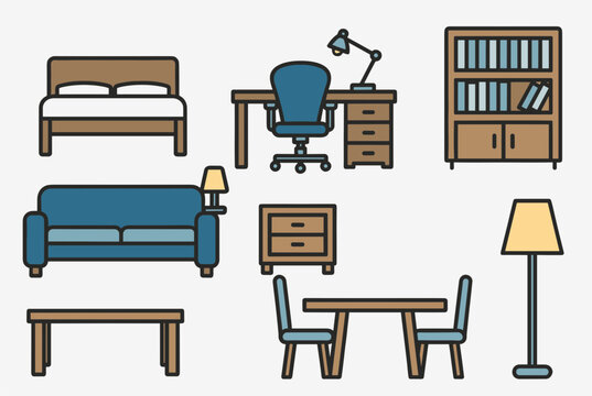 Detailed set of modern home furniture vector icons including a bed, sofa, desk, chair, bookshelf, table, and lamps.