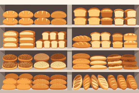 Seamless bakery shop background with rows of diverse freshly baked breads, baguettes, and sliced loaves on shelves.