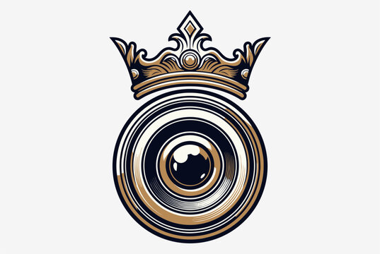 Royal camera lens design featuring a detailed gold crown on top, symbolizing high-quality professional photography.