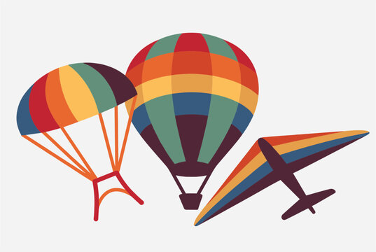 Stylized hot air balloon, parachute, and a hang glider decorated with warm red and yellow tones, flying in the sky.