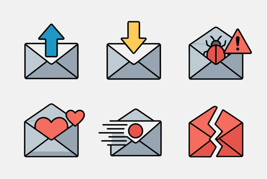 Set of six colorful email envelope icons representing different actions like sending, receiving, spam, and broken messages.