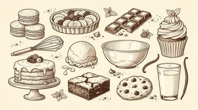 Vintage hand-drawn collection of assorted desserts and baking ingredients. Detailed sketch illustration featuring cake, chocolate, cookies, and culinary tools. Elegant pastry shop design concept.
