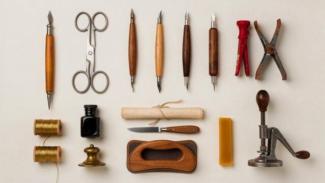 Vintage bookbinding and calligraphy tools arranged on a neutral surface. Craft supplies including nibs, ink, scissors, and thread for traditional arts. Artisanal hobby and history concept.